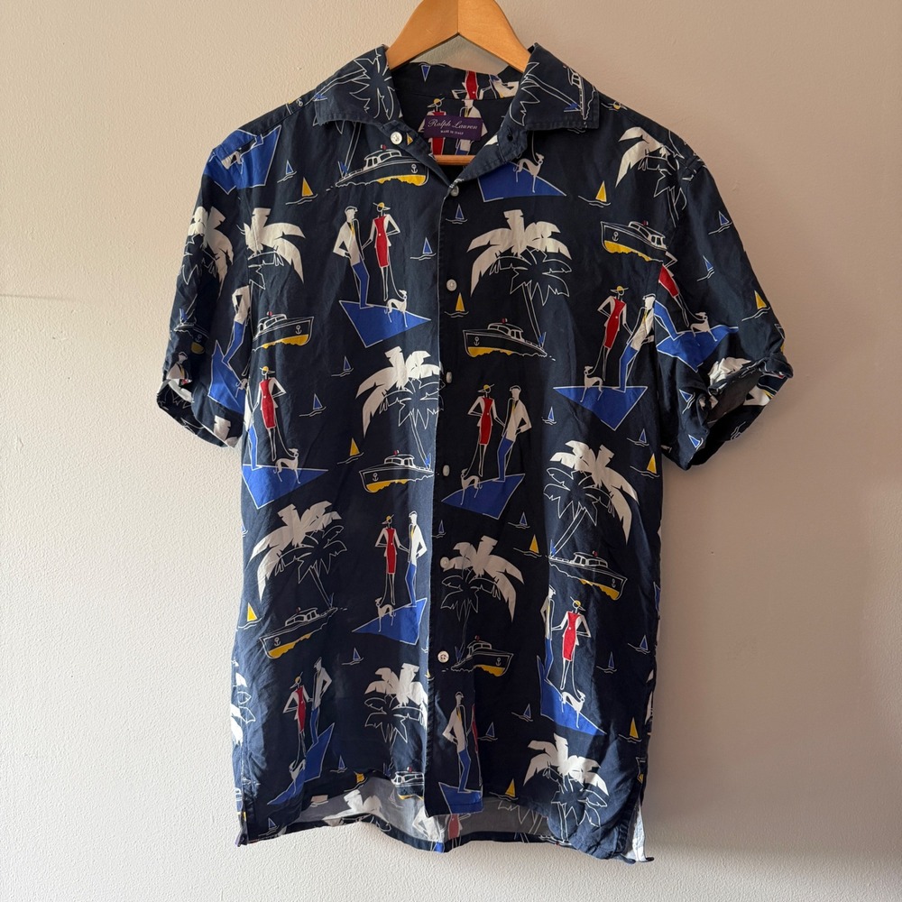 Ralph Lauren Purple Label Riviera Printed Shirt Navy Lyocell Made in Italy M